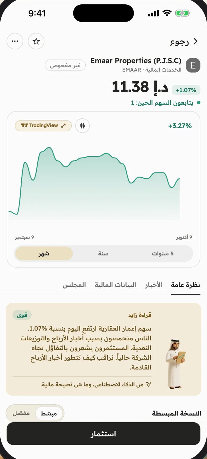 صفحة سهم مع الرسم البياني وشرح بكلام بسيط